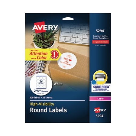 Avery Dennison Avery, PERMANENT LASER PRINT-TO-THE-EDGE ID LABELS W/SUREFEED, 2 1/2inDIA, WHITE, 300PK 5294